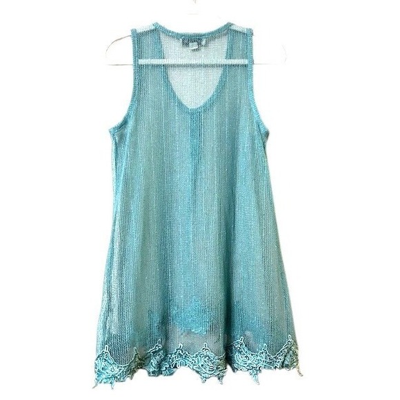 Simply Noelle Swim Coverup S/M Aqua Blue Sheer Lace Trim Summer Coquette - Picture 2 of 10